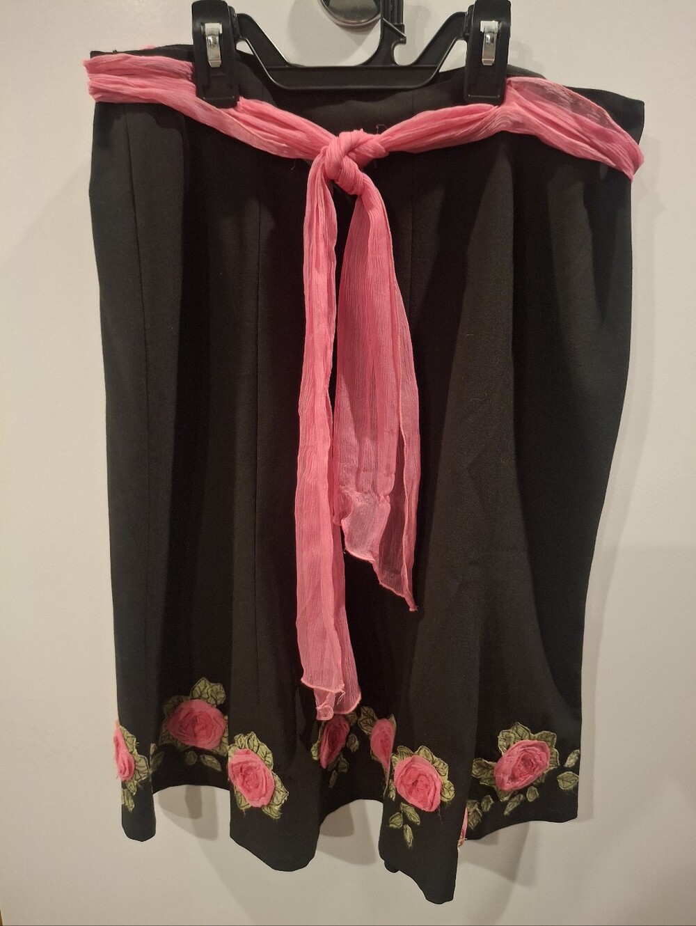 Karen Kane Black A-Line Skirt with Pink Rose Embroidery and Pink Sash